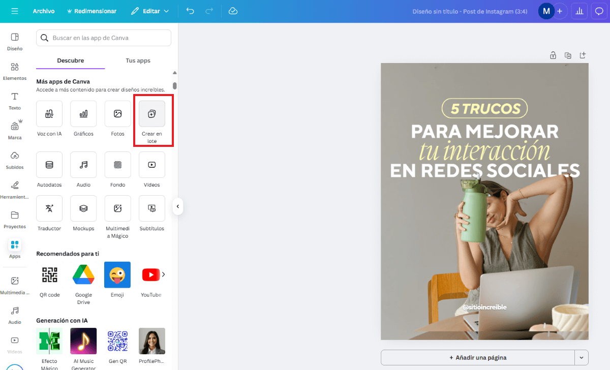 acción de crear en lote en Canva acción de crear en lote en Canva